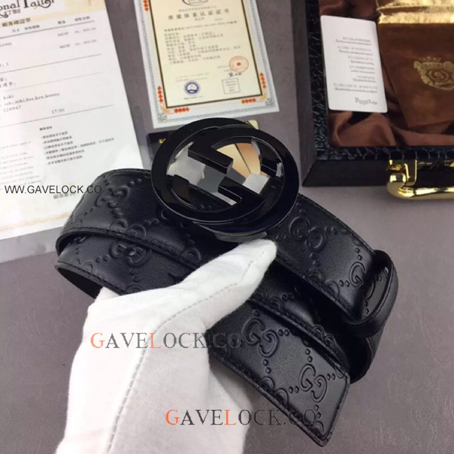 Gucci Signature Leather Belt Black Buckle Original Size